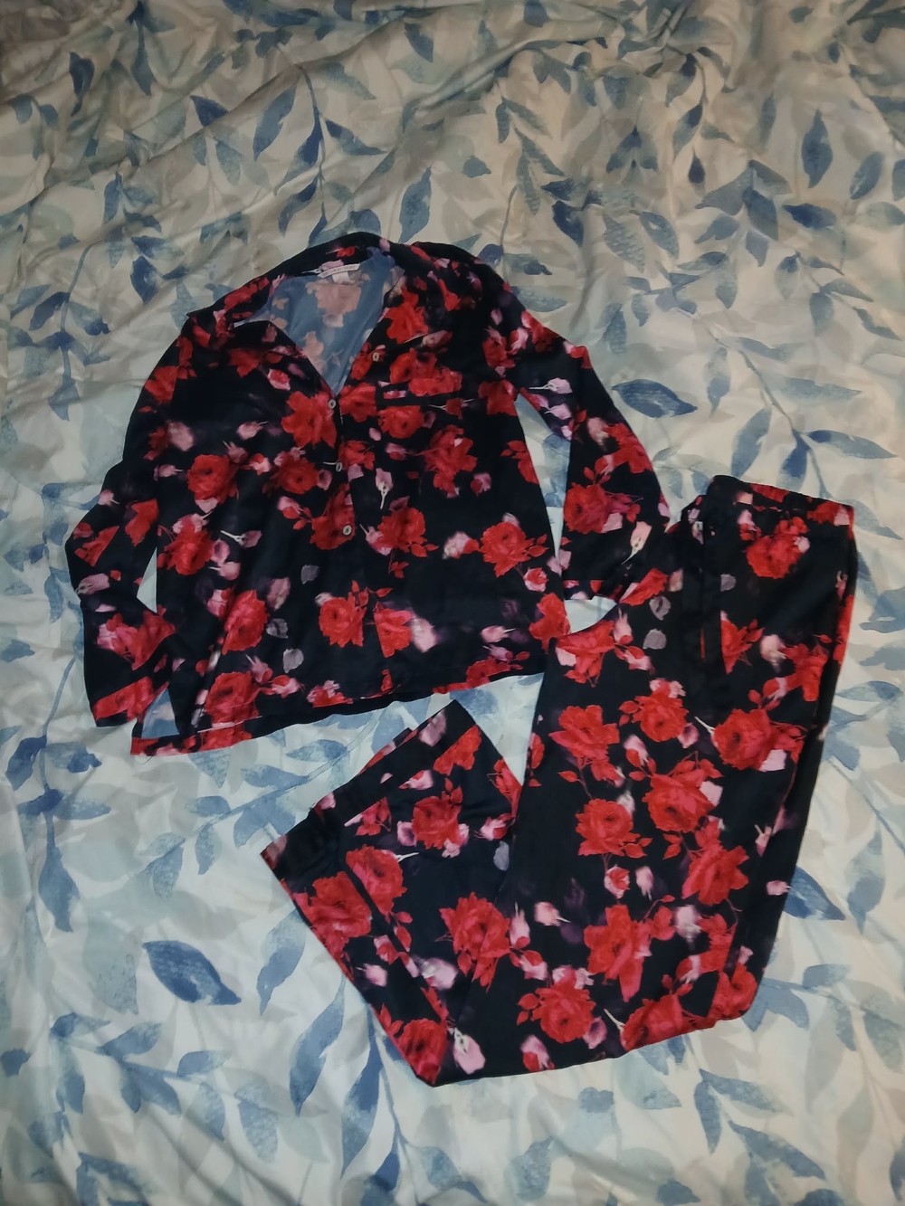 Floral Satin Pajama Set - Red on Black